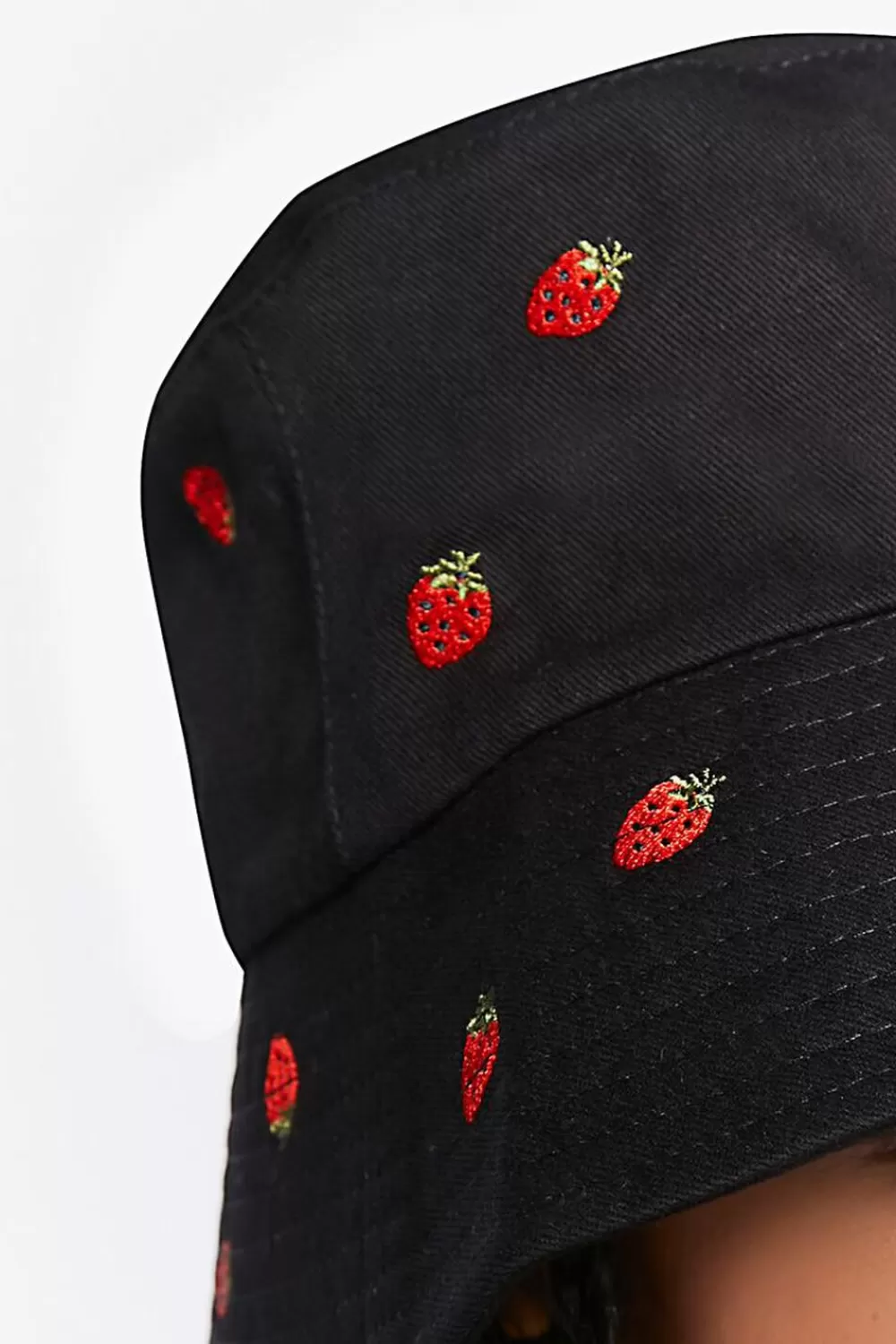 Hats + Beanies>Forever 21 Embroidered Strawberry Bucket Hat Black/Multi