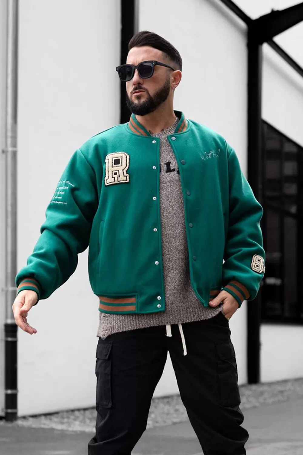 Jackets + Outerwear>Forever 21 Embroidered Varsity Letterman Jacket Hunter Green