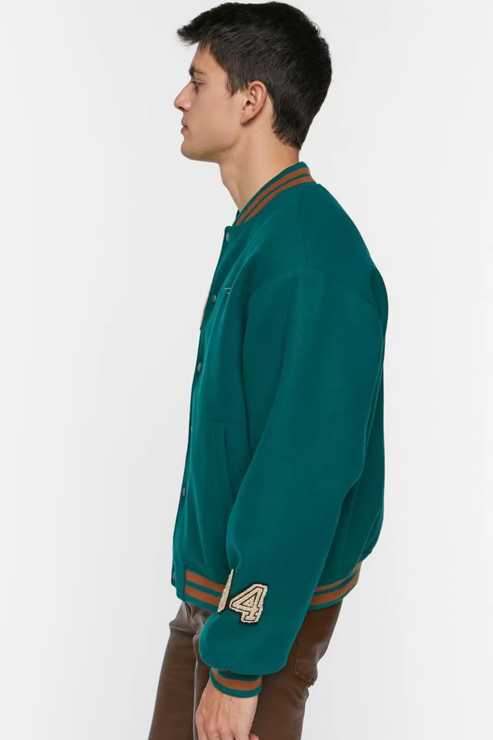 Jackets + Outerwear>Forever 21 Embroidered Varsity Letterman Jacket Hunter Green