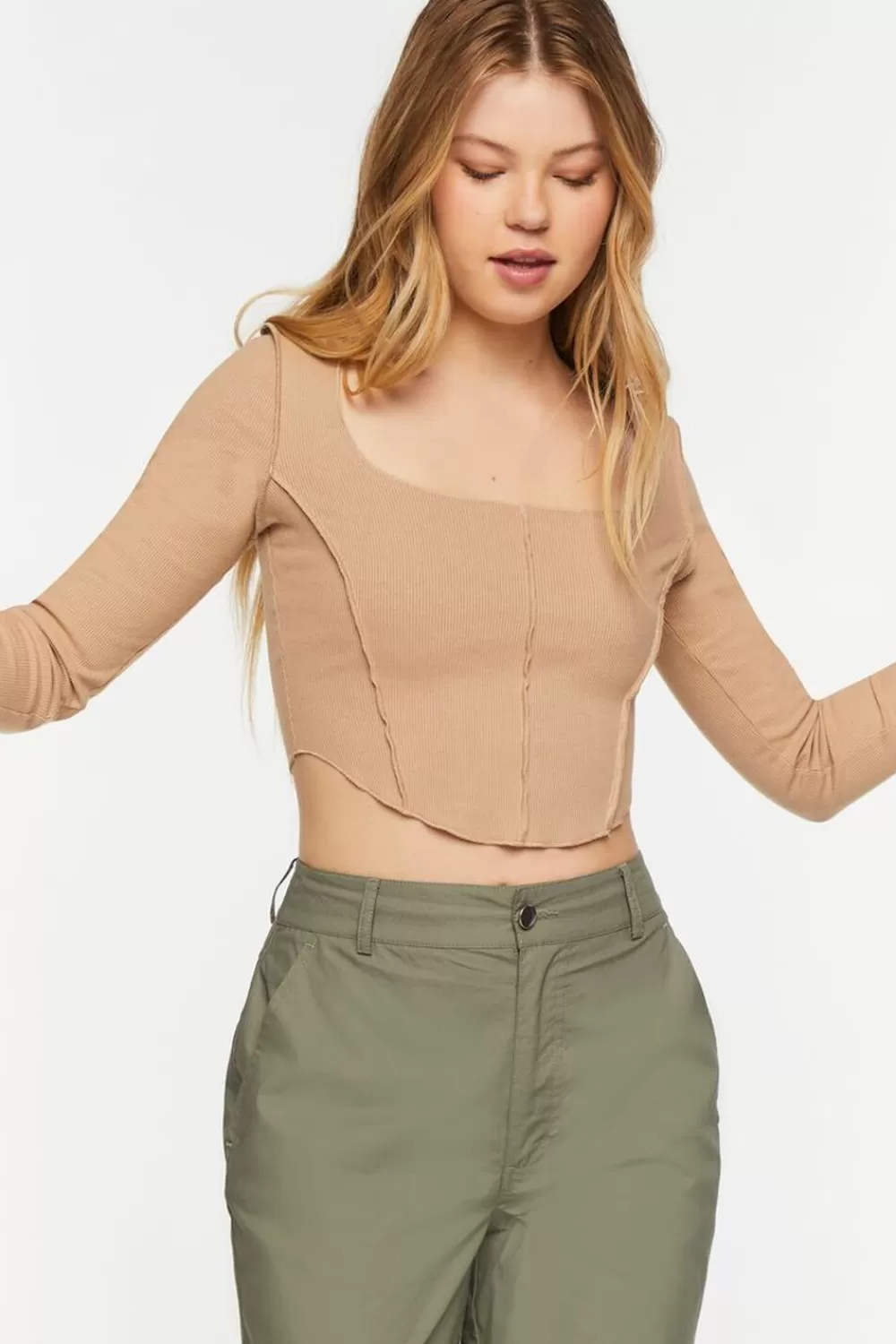 Forever 21 Exposed Seam Long-Sleeve Crop Top | Women Tops