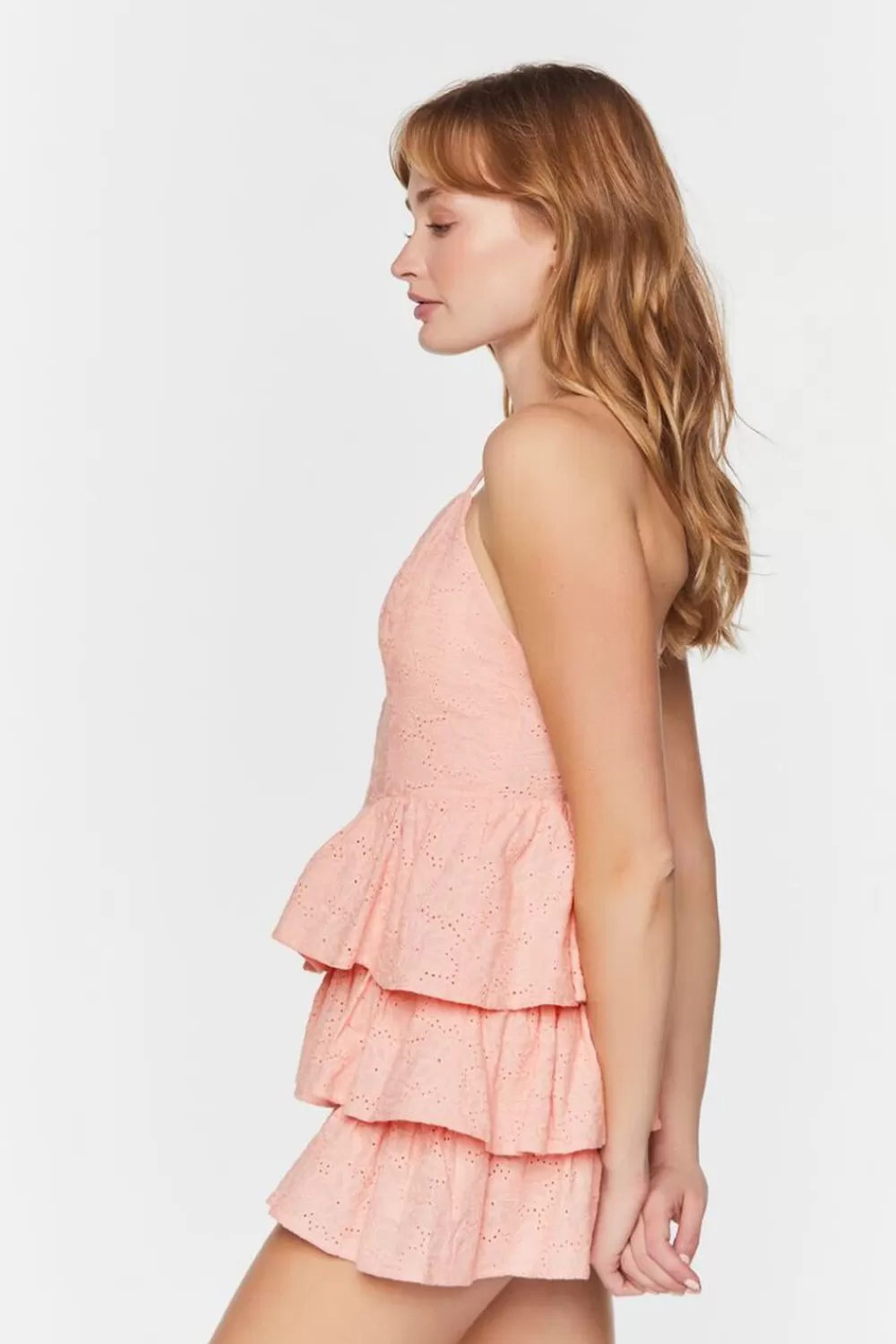 Rompers + Jumpsuits>Forever 21 Eyelet Tiered Romper Pink
