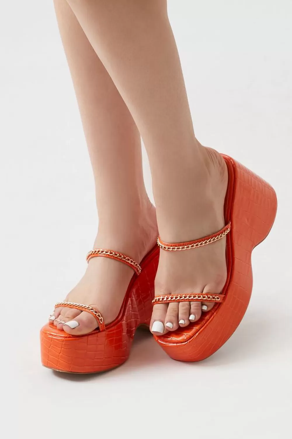 Wedges + Platforms>Forever 21 Faux Croc Chain Wedges Orange