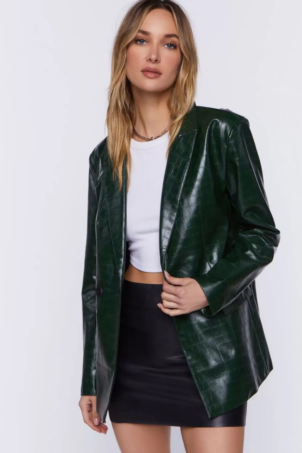 Jackets + Outerwear>Forever 21 Faux Croc Leather Blazer Hunter Green