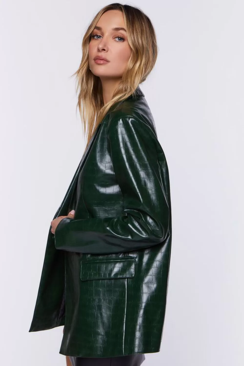 Jackets + Outerwear>Forever 21 Faux Croc Leather Blazer Hunter Green