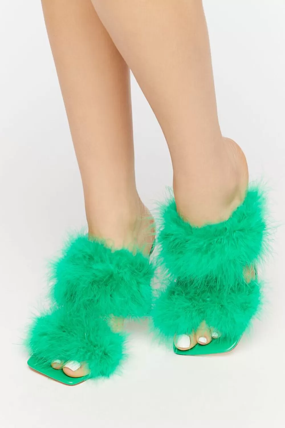 Heels>Forever 21 Faux Feather Open-Toe Heels Green
