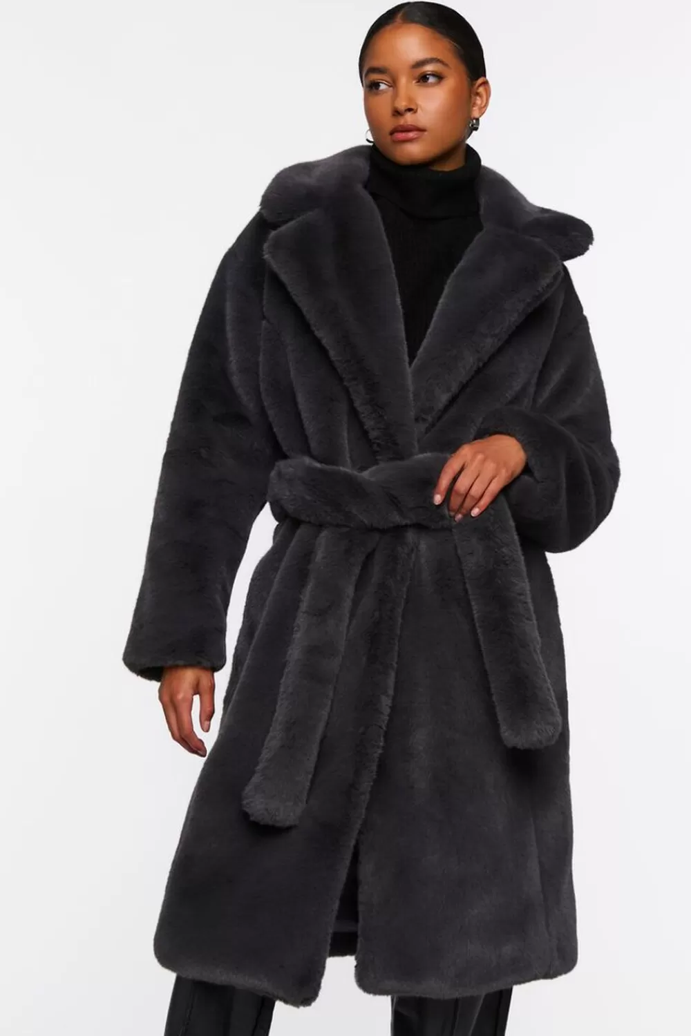 Jackets + Outerwear>Forever 21 Faux Fur Belted Coat Charcoal