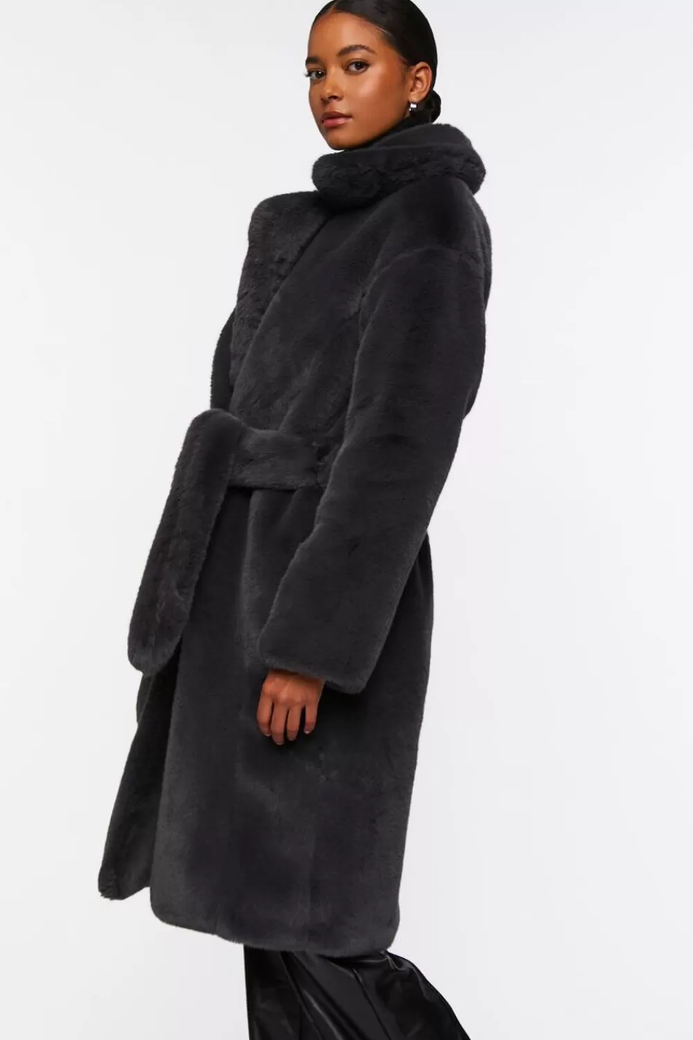 Jackets + Outerwear>Forever 21 Faux Fur Belted Coat Charcoal