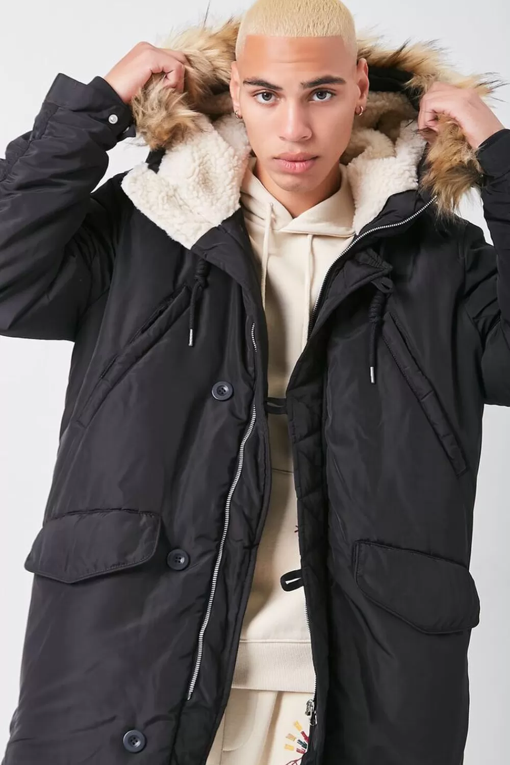 Hoodies + Sweatshirts>Forever 21 Faux Fur-Hood Utility Jacket Black