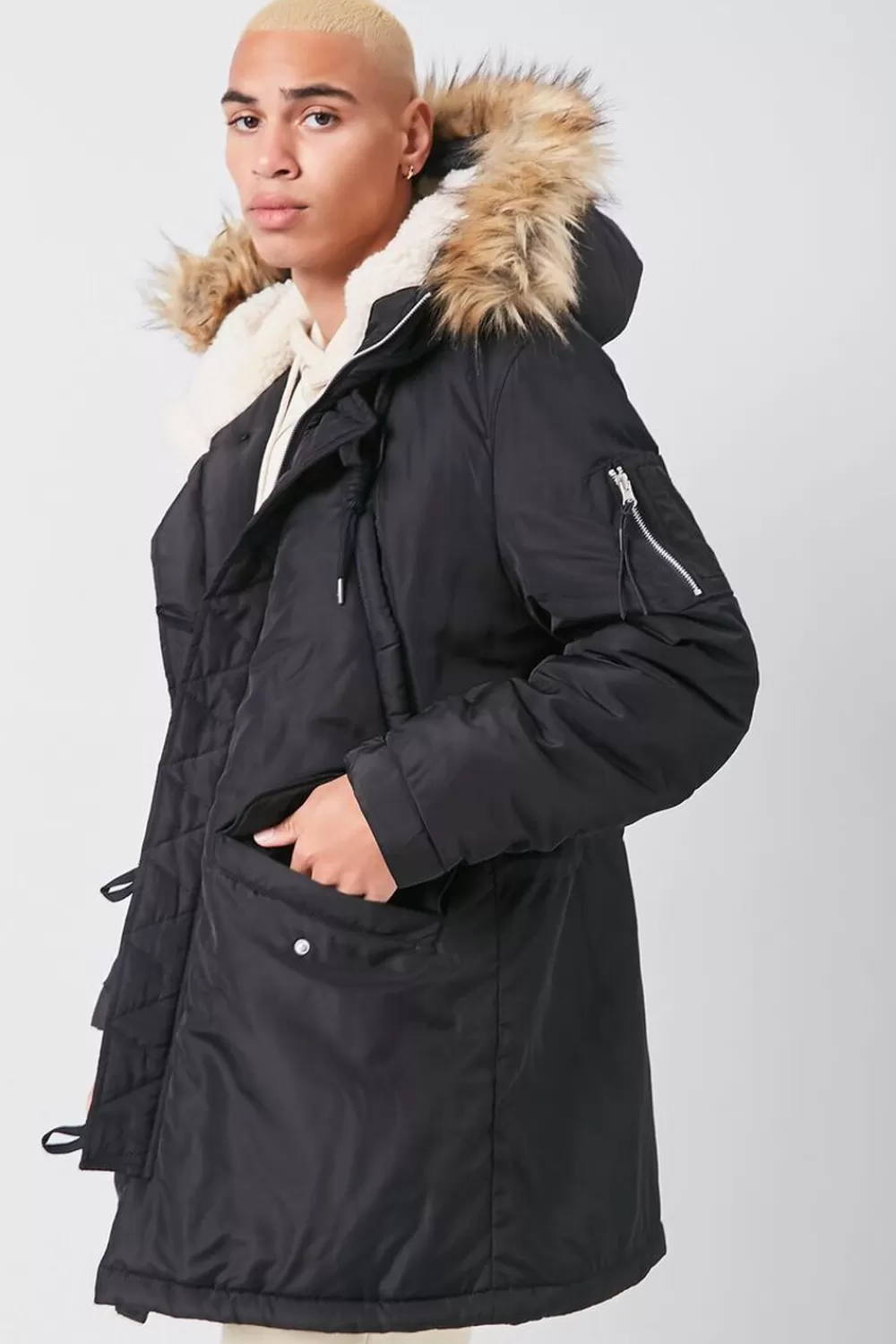 Hoodies + Sweatshirts>Forever 21 Faux Fur-Hood Utility Jacket Black