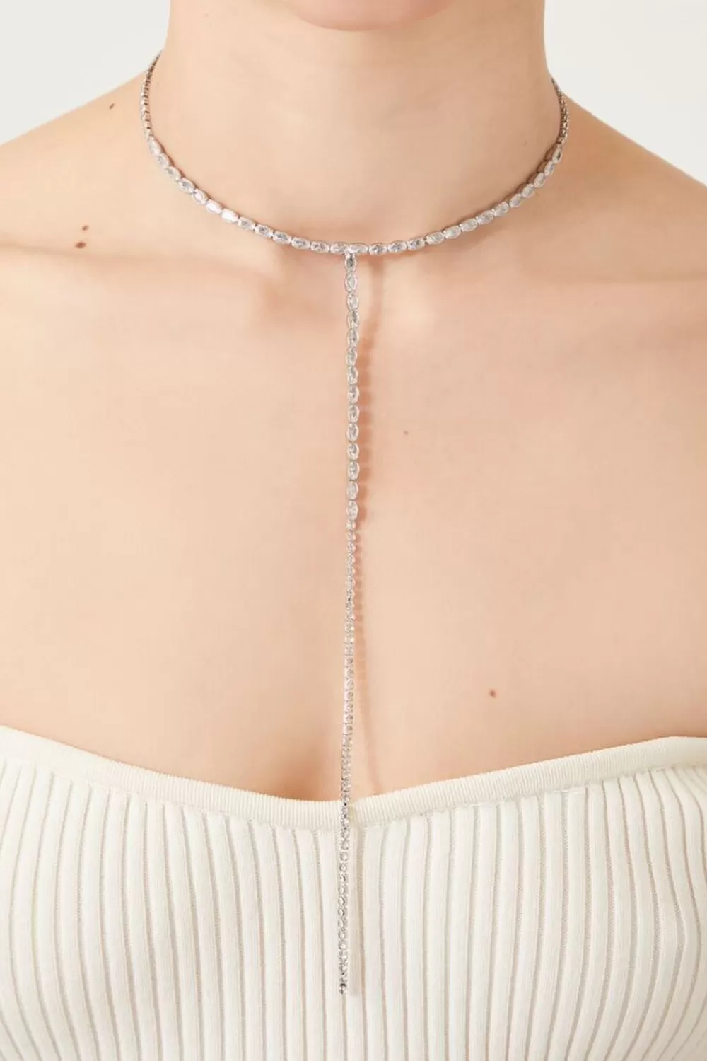 Necklaces>Forever 21 Faux Gem & Rhinestone Y-Chain Necklace Silver/Clear