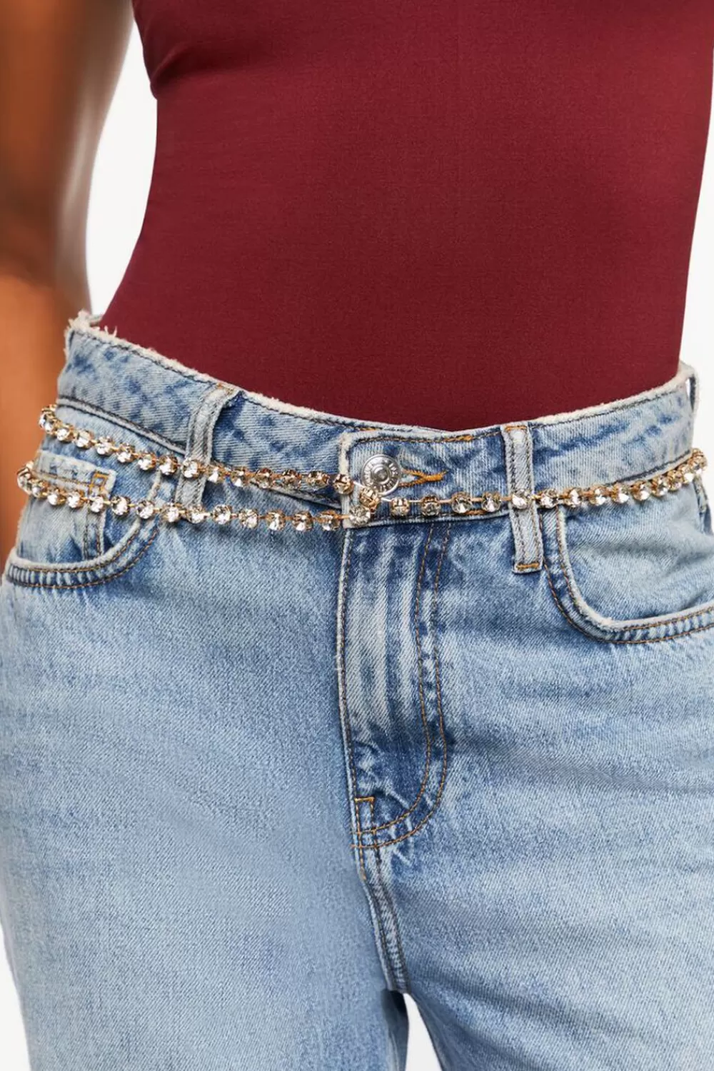 Belts>Forever 21 Faux Gem Chain Hip Belt Gold