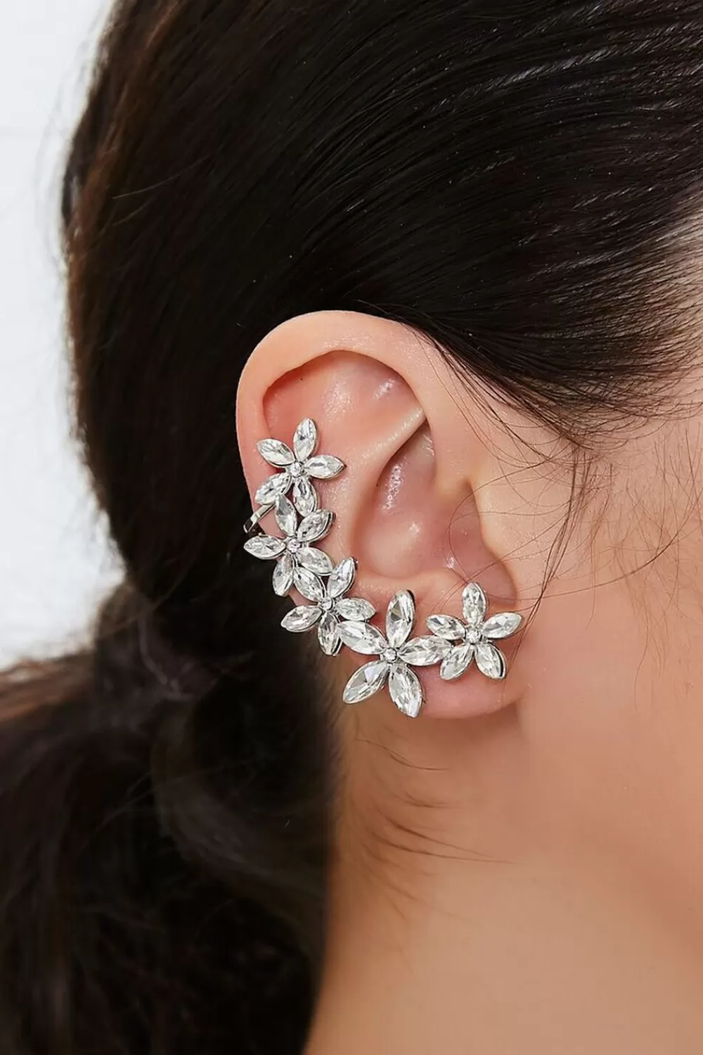 Earrings>Forever 21 Faux Gem Floral Ear Crawlers Silver/Clear