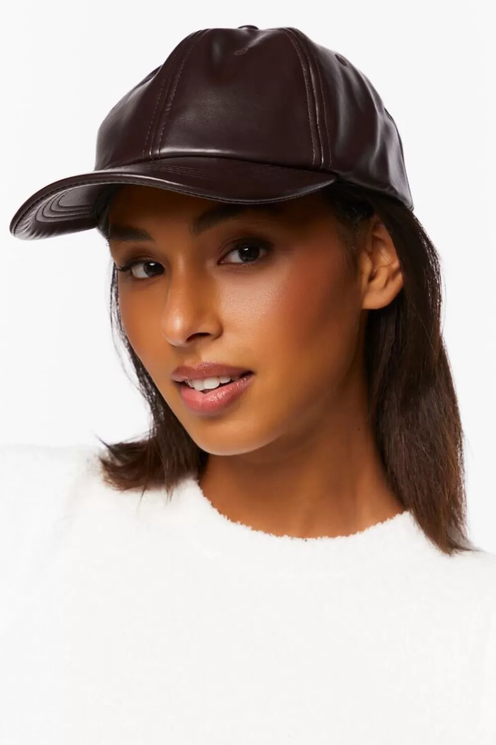 Hats + Beanies>Forever 21 Faux Leather Baseball Cap Brown