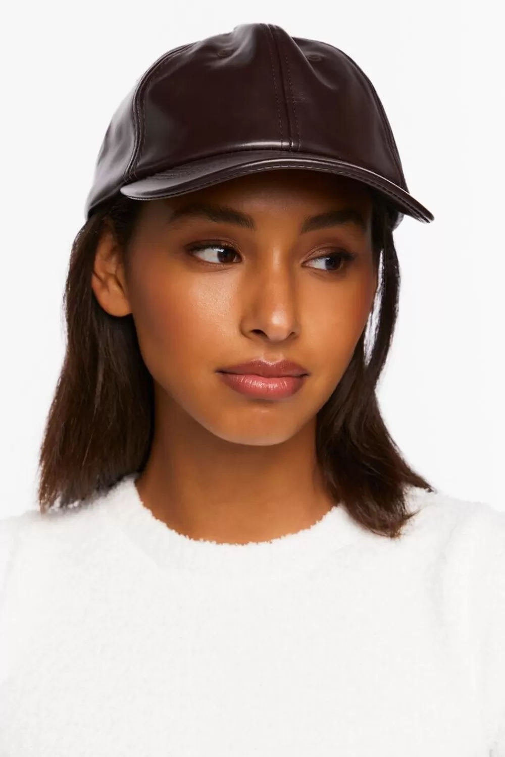 Hats + Beanies>Forever 21 Faux Leather Baseball Cap Brown