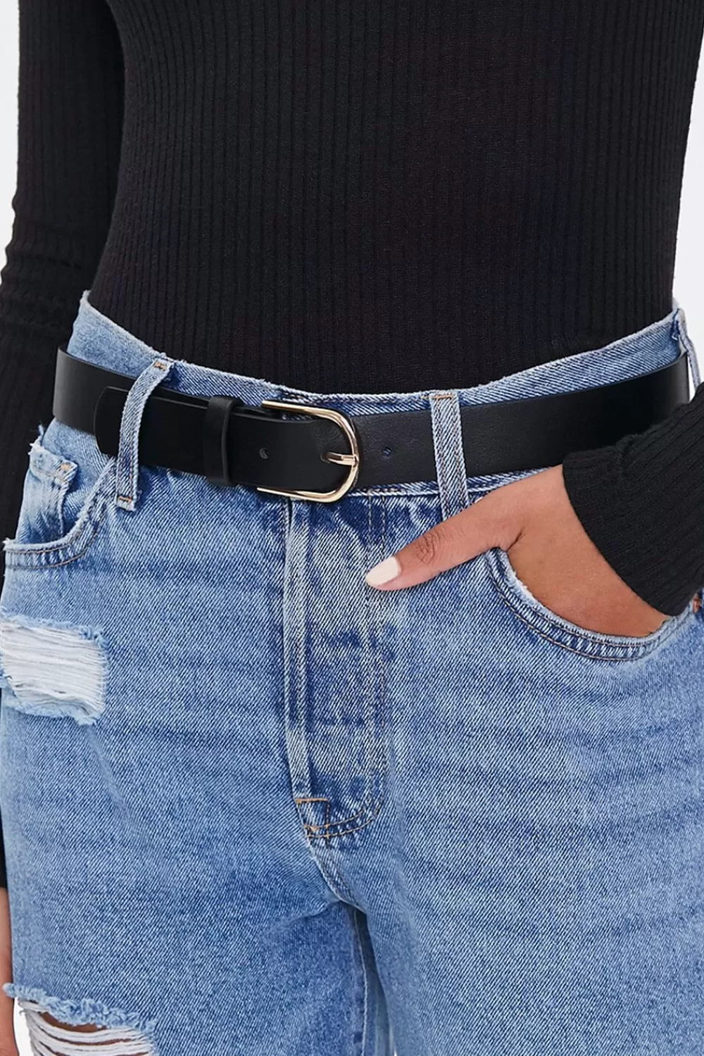 Belts>Forever 21 Faux Leather Buckle Belt Black/Gold