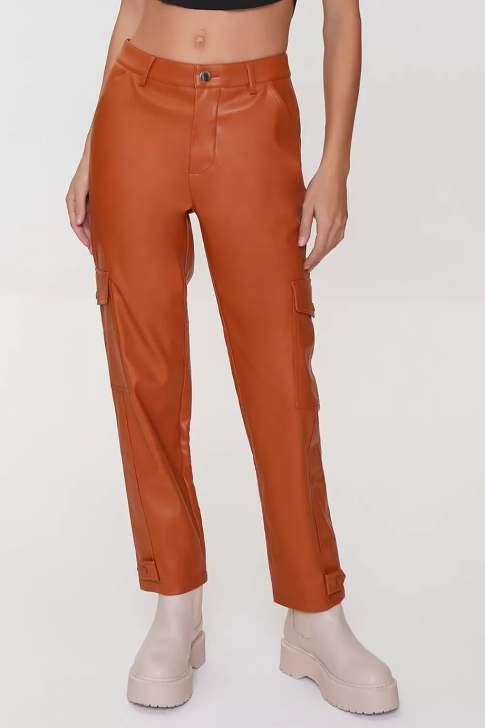 Bottoms>Forever 21 Faux Leather Cargo Ankle Pants Chestnut