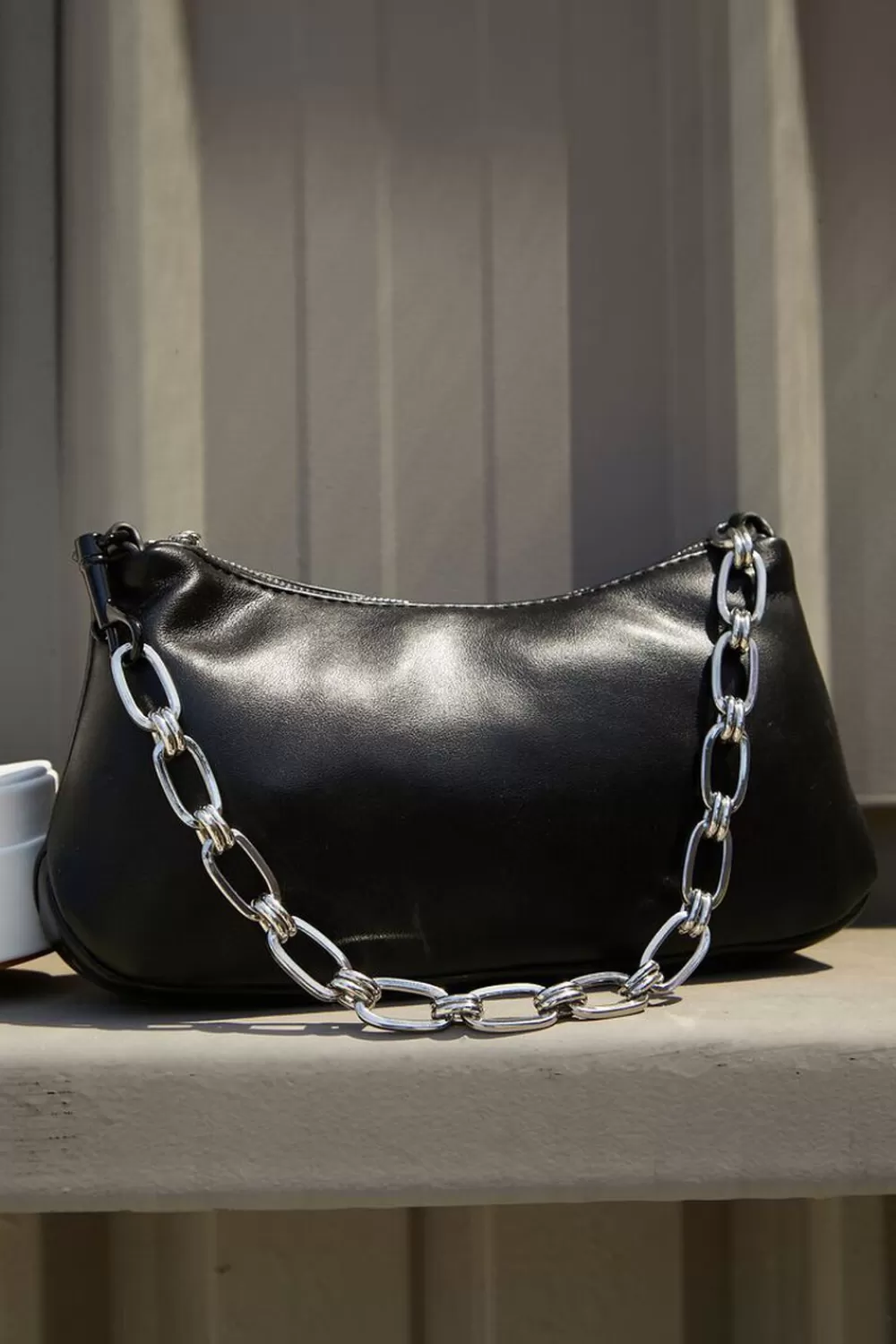 Bags + Backpacks>Forever 21 Faux Leather Chain Baguette Bag Black