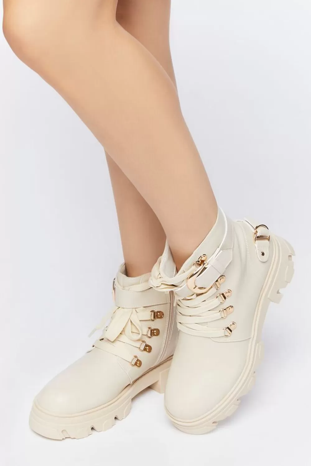 Boots + Booties>Forever 21 Faux Leather Combat Ankle Boots Cream