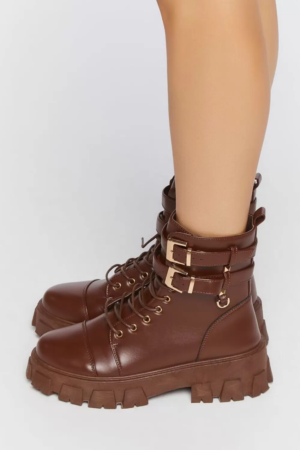 Boots + Booties>Forever 21 Faux Leather Combat Booties Brown