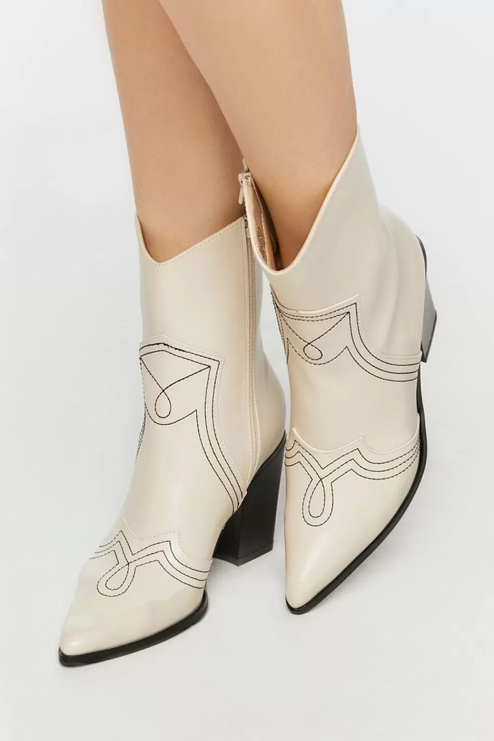 Boots + Booties>Forever 21 Faux Leather Contrast Cowboy Boots White