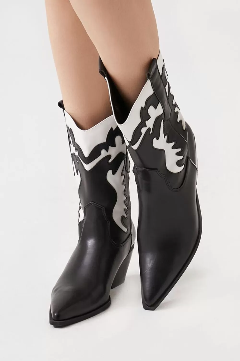Boots + Booties>Forever 21 Faux Leather Contrast Cowboy Boots Black/White