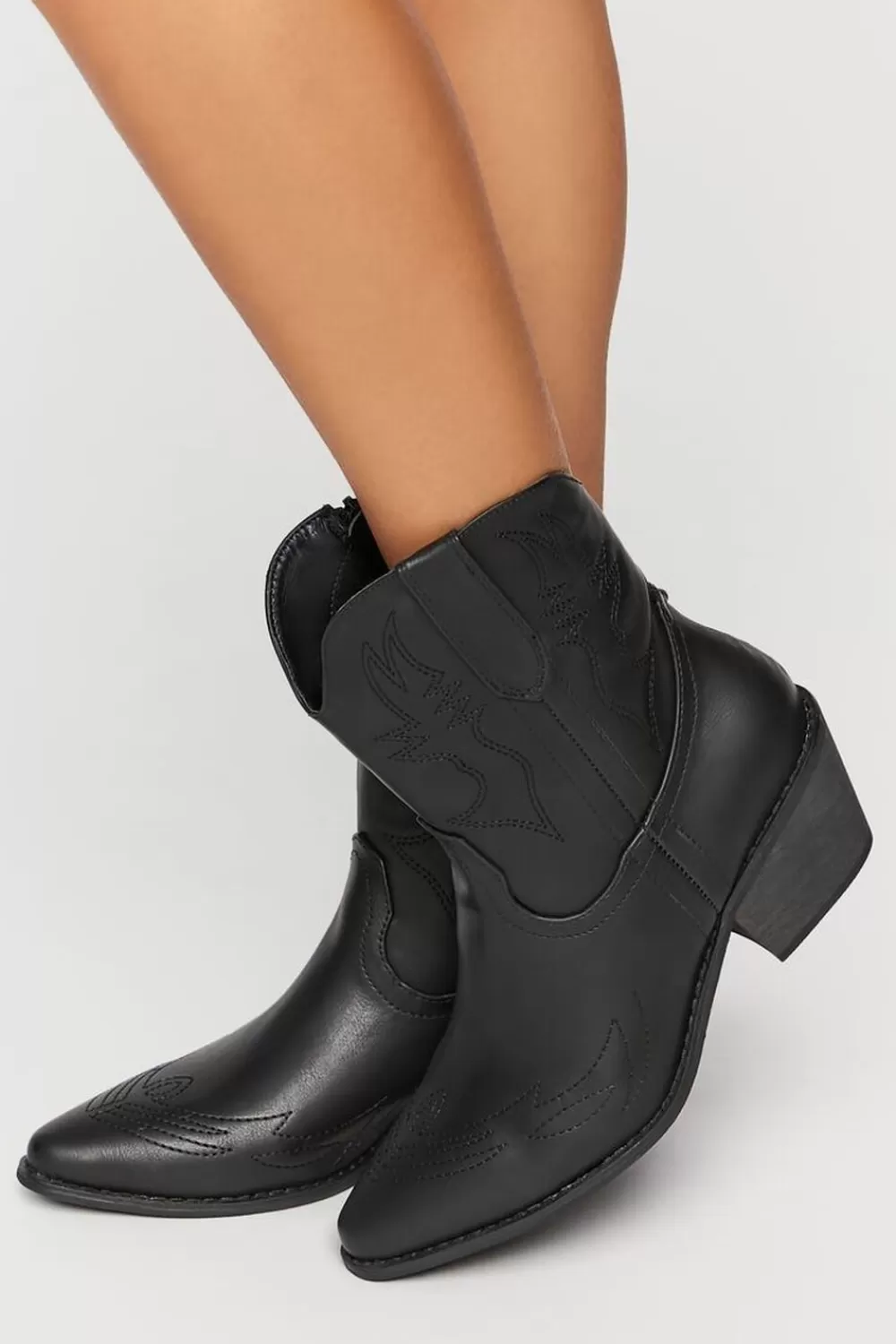 Boots + Booties>Forever 21 Faux Leather Cowboy Ankle Boots Black