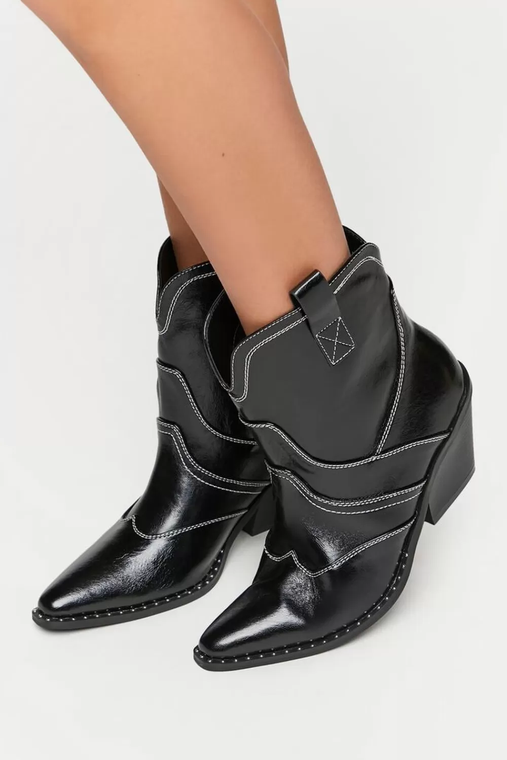 Boots + Booties>Forever 21 Faux Leather Cowboy Ankle Boots Black