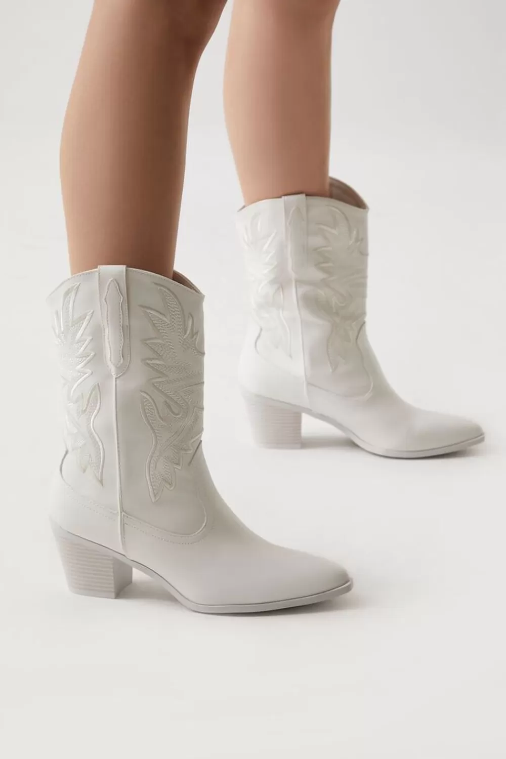 Boots + Booties>Forever 21 Faux Leather Cowboy Ankle Boots White