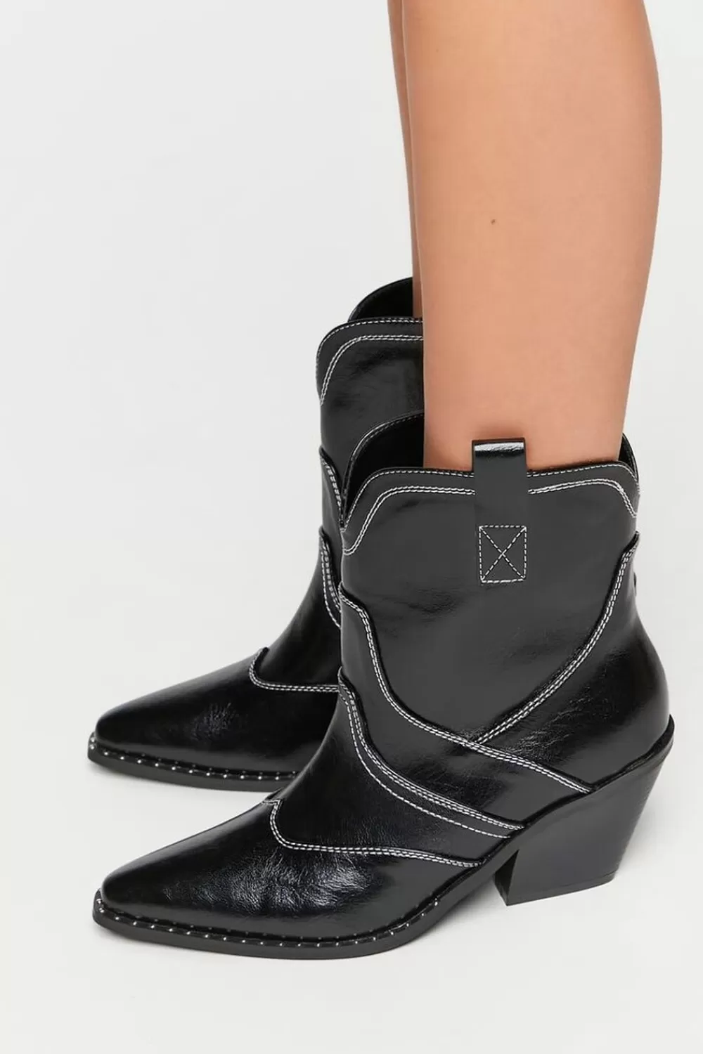 Boots + Booties>Forever 21 Faux Leather Cowboy Ankle Boots Black