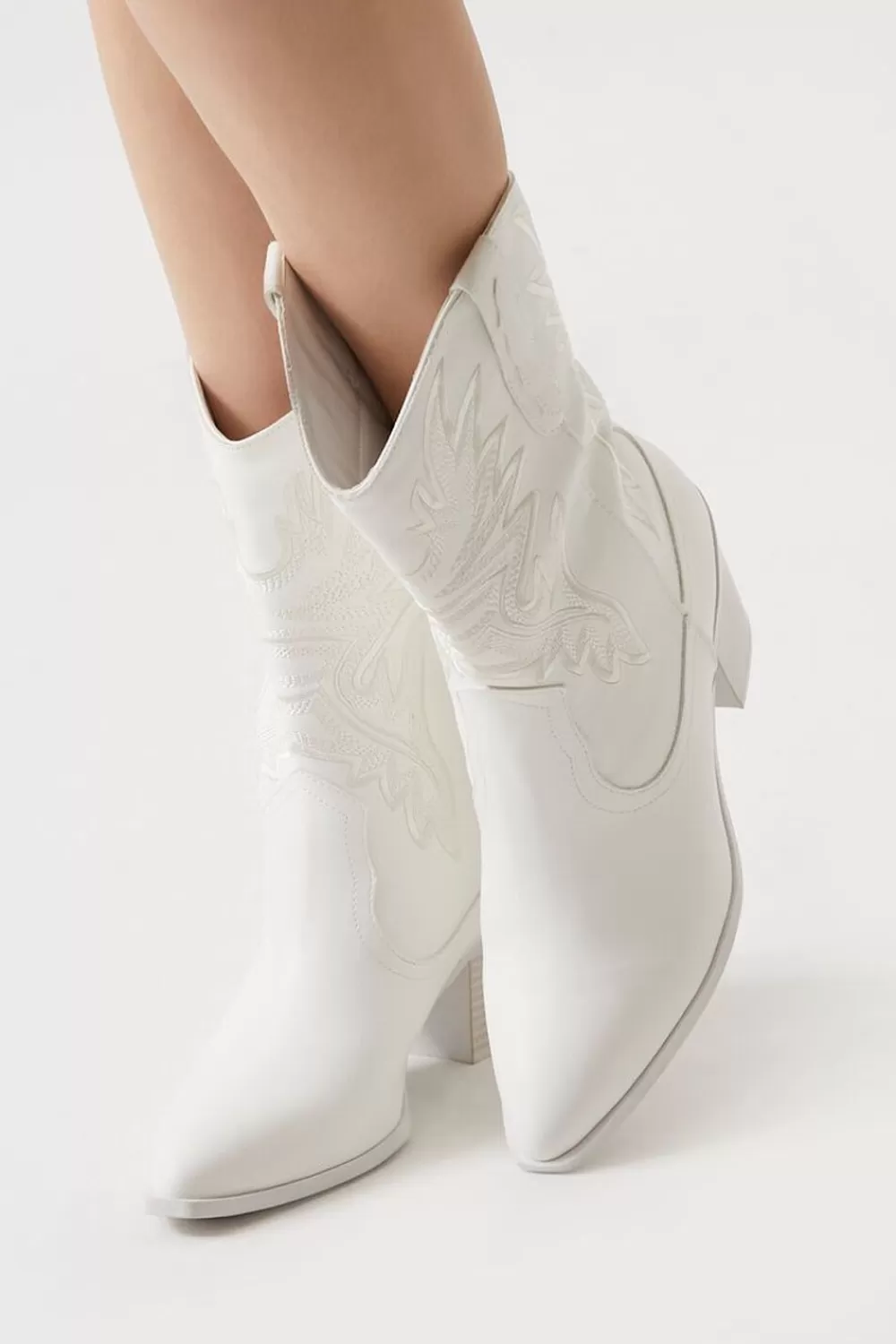 Boots + Booties>Forever 21 Faux Leather Cowboy Ankle Boots White
