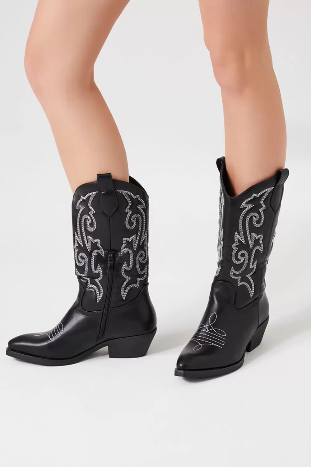 Boots + Booties>Forever 21 Faux Leather Cowboy Boots Black
