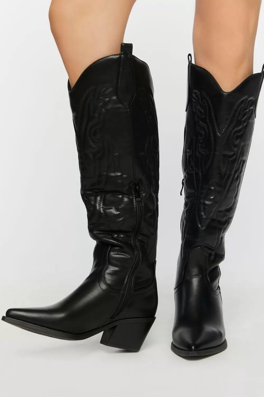 Boots + Booties>Forever 21 Faux Leather Cowboy Boots Black
