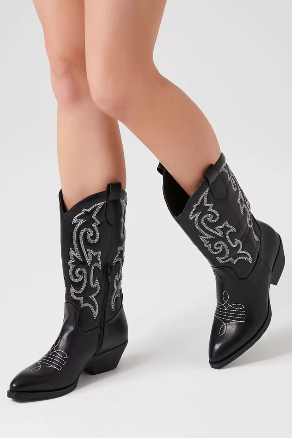 Boots + Booties>Forever 21 Faux Leather Cowboy Boots Black