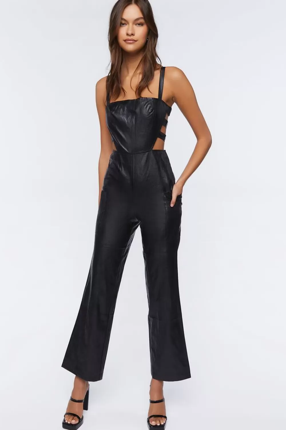Rompers + Jumpsuits>Forever 21 Faux Leather Cutout Jumpsuit Black