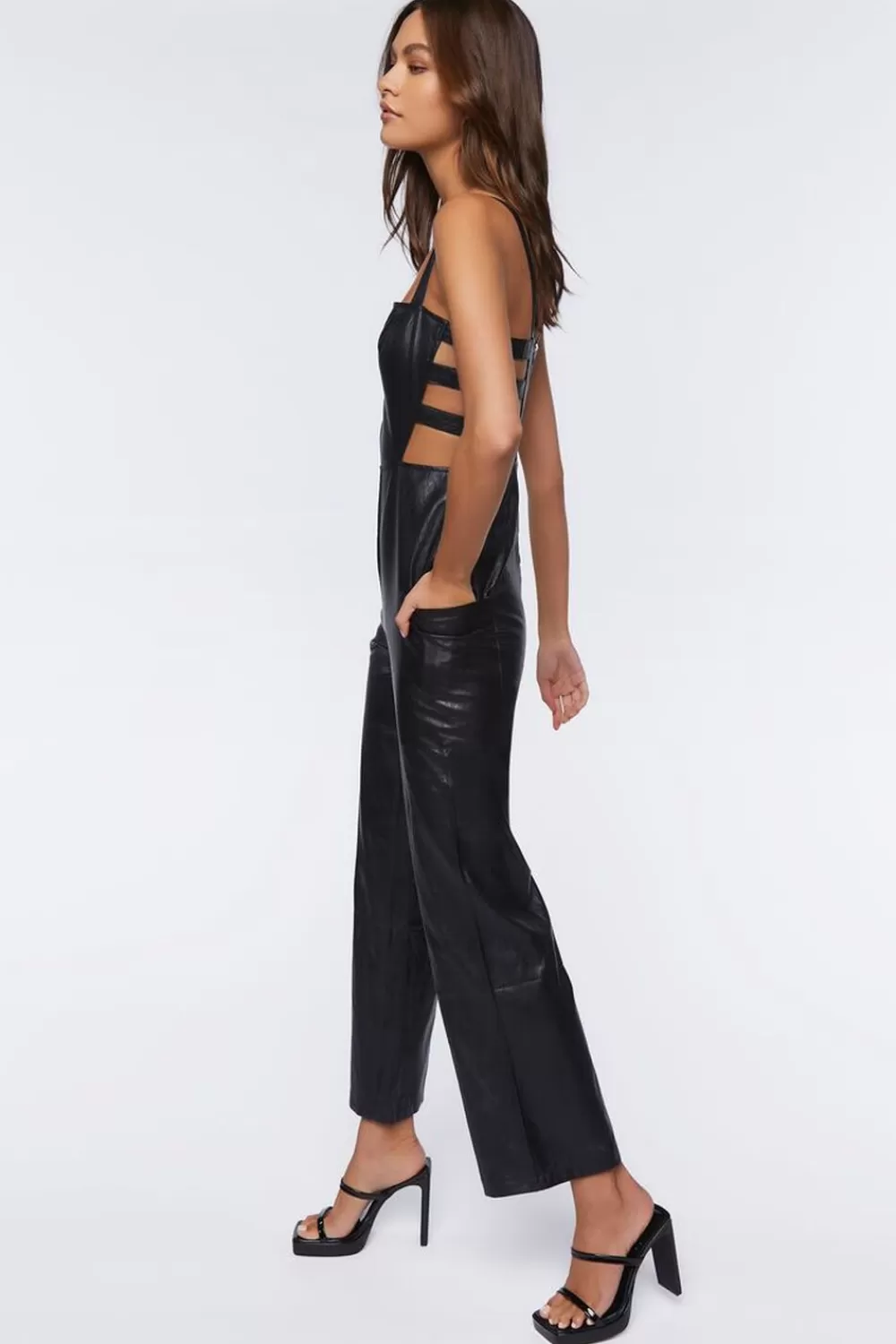 Rompers + Jumpsuits>Forever 21 Faux Leather Cutout Jumpsuit Black