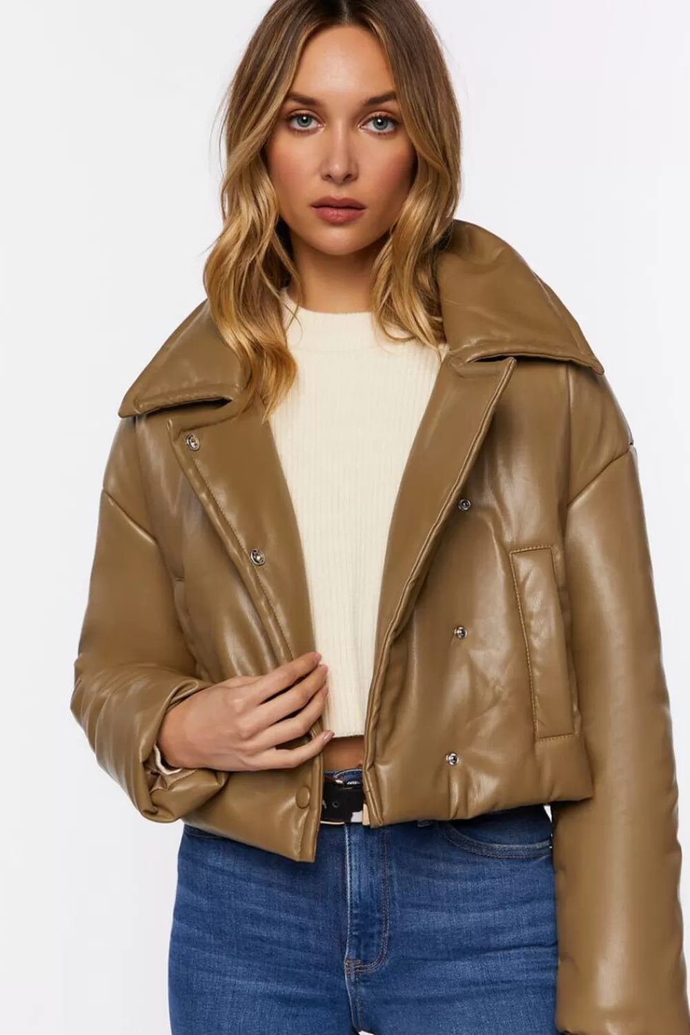 Forever 21 Faux Leather Foldover Puffer Jacket | Women Tops
