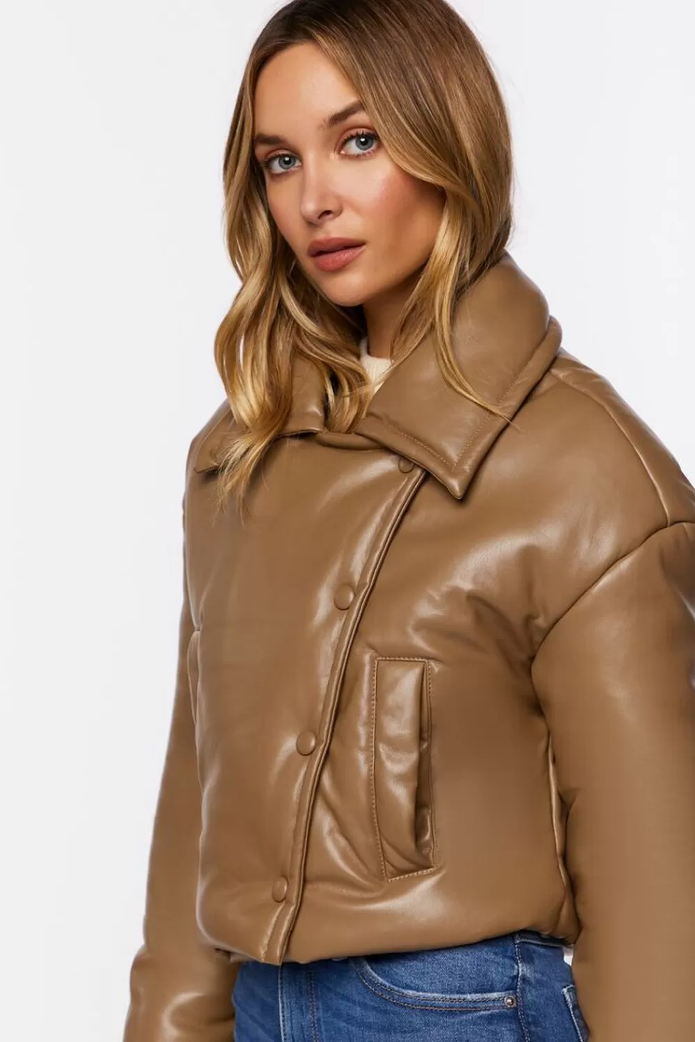 Forever 21 Faux Leather Foldover Puffer Jacket | Women Tops