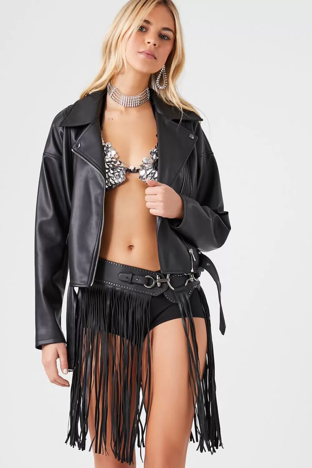 Belts>Forever 21 Faux Leather Fringe Hip Belt Black/Silver