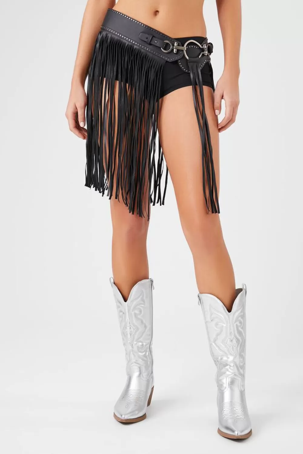 Belts>Forever 21 Faux Leather Fringe Hip Belt Black/Silver