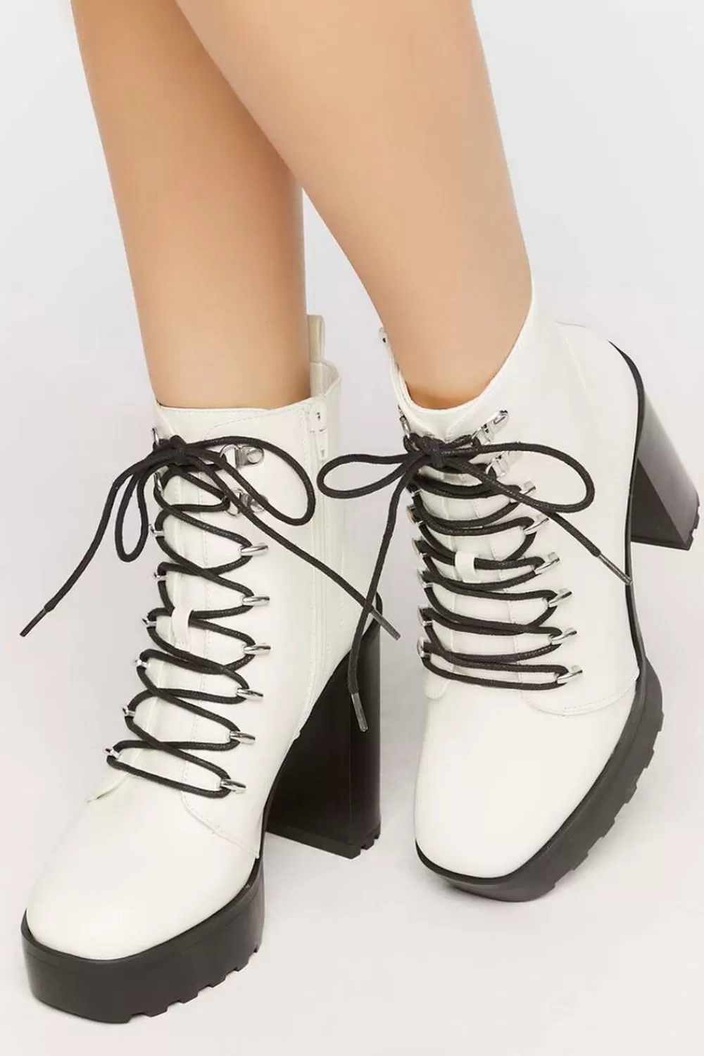 Boots + Booties>Forever 21 Faux Leather Lace-Up Booties White