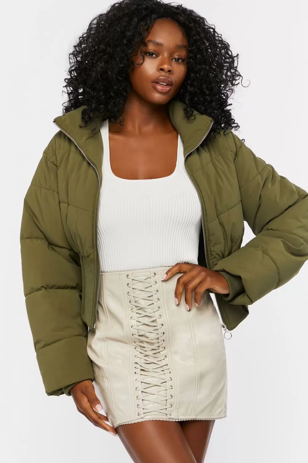 Bottoms>Forever 21 Faux Leather Lace-Up Mini Skirt Beige