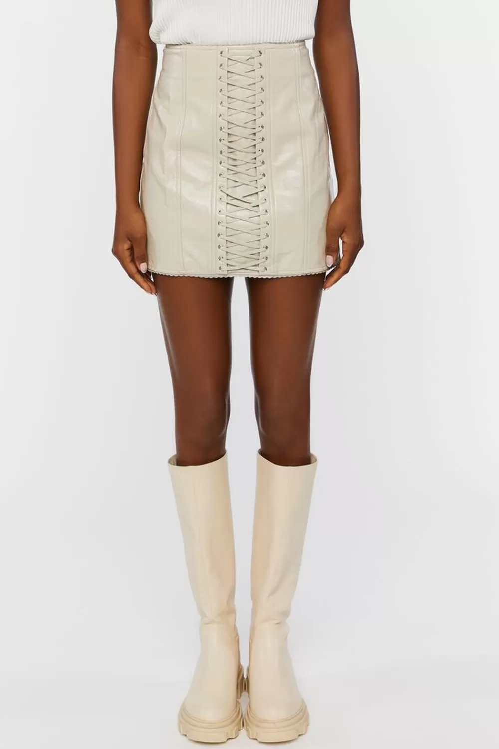 Bottoms>Forever 21 Faux Leather Lace-Up Mini Skirt Beige
