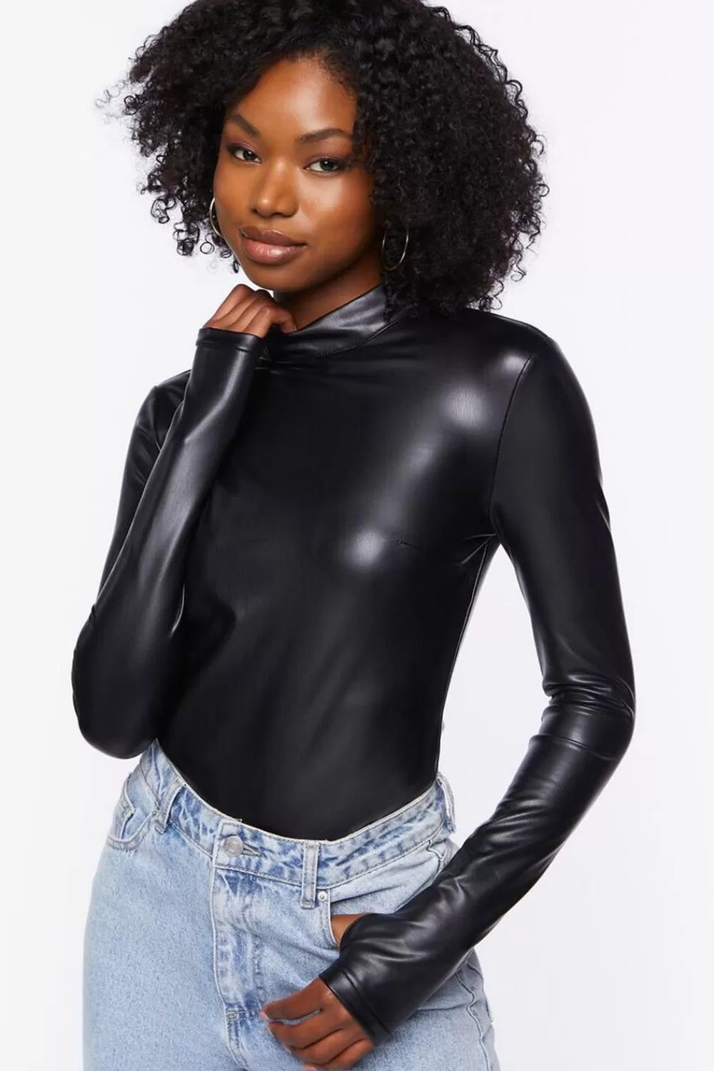Forever 21 Faux Leather Long-Sleeve Bodysuit | Women Tops