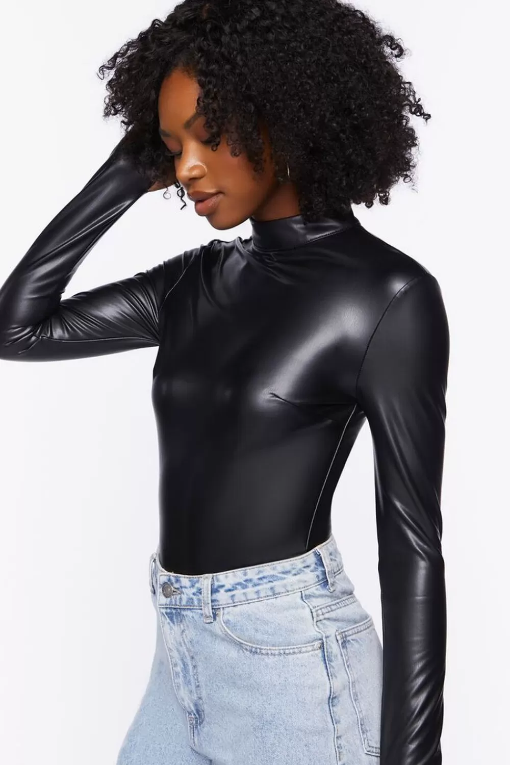 Forever 21 Faux Leather Long-Sleeve Bodysuit | Women Tops