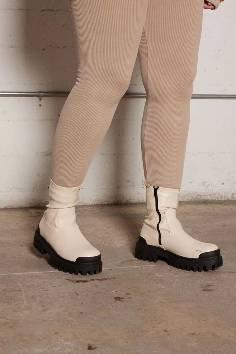 Boots + Booties>Forever 21 Faux Leather Lug Booties Cream/Black