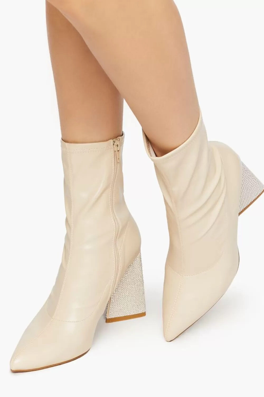 Boots + Booties>Forever 21 Faux Leather Rhinestone-Heel Booties Cream