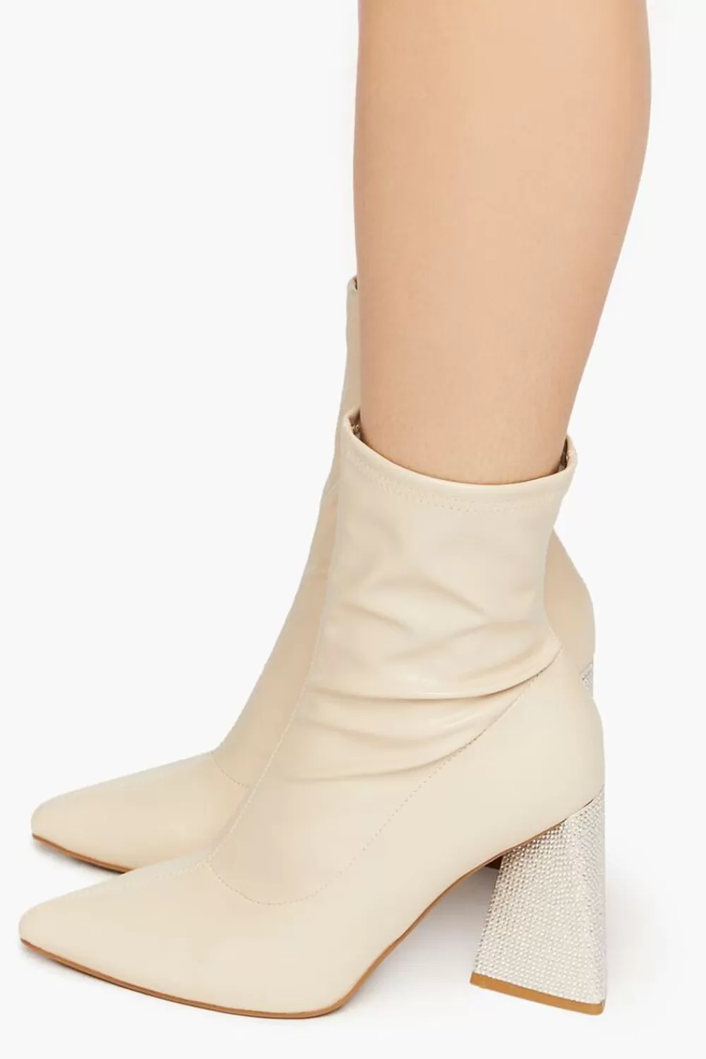 Boots + Booties>Forever 21 Faux Leather Rhinestone-Heel Booties Cream