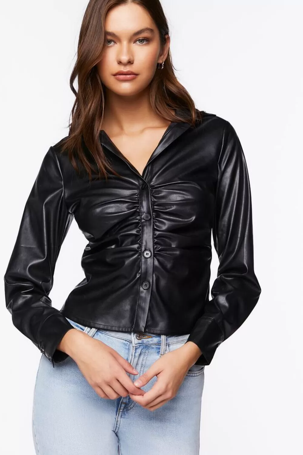 Forever 21 Faux Leather Ruched Shirt | Women Tops