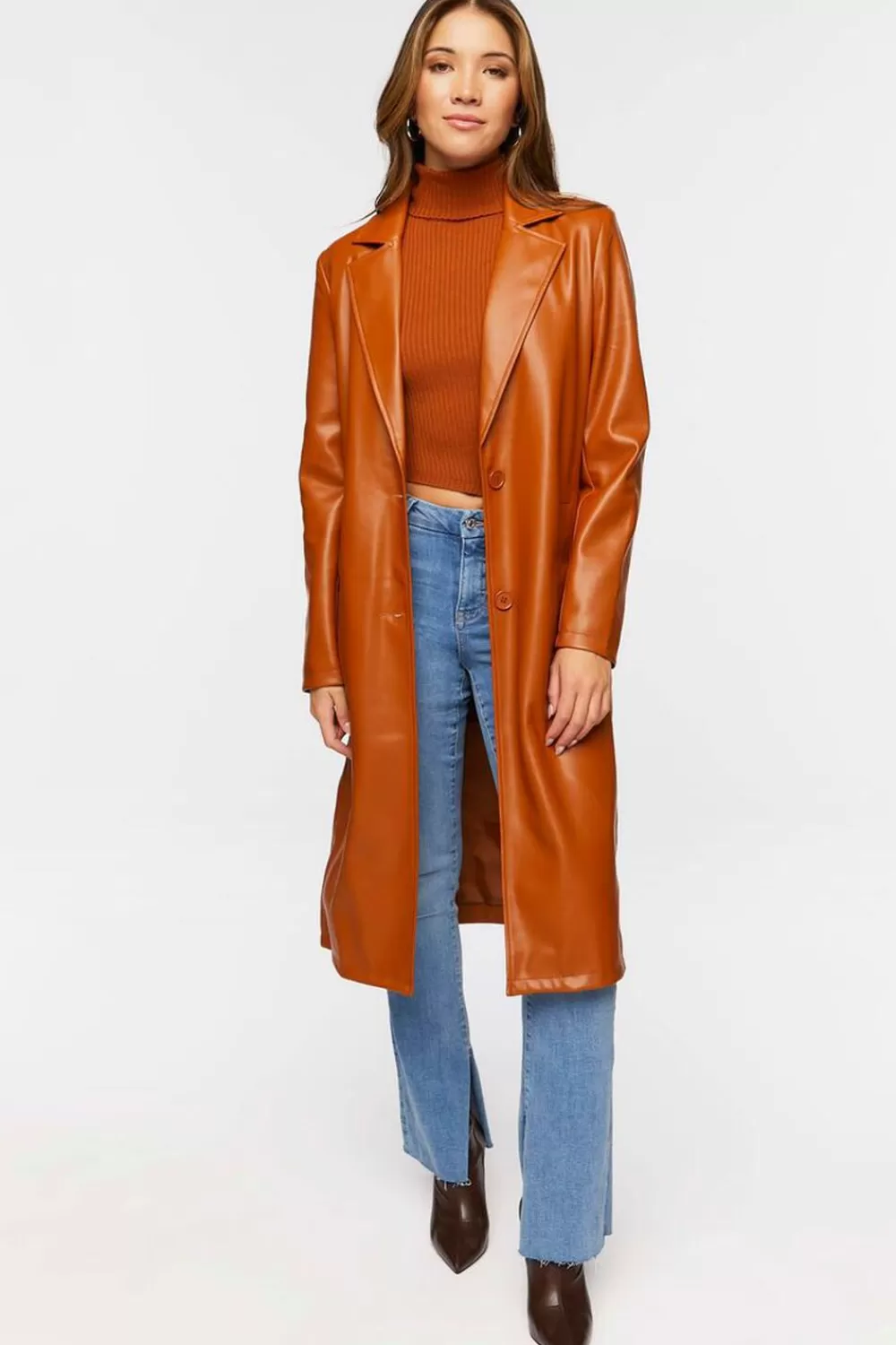 Jackets + Outerwear>Forever 21 Faux Leather Trench Coat Root Beer