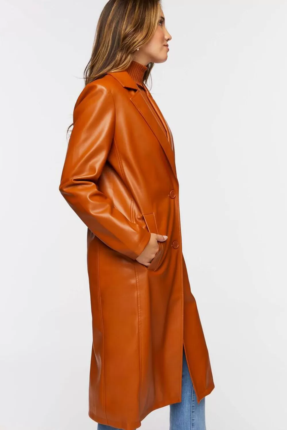 Jackets + Outerwear>Forever 21 Faux Leather Trench Coat Root Beer